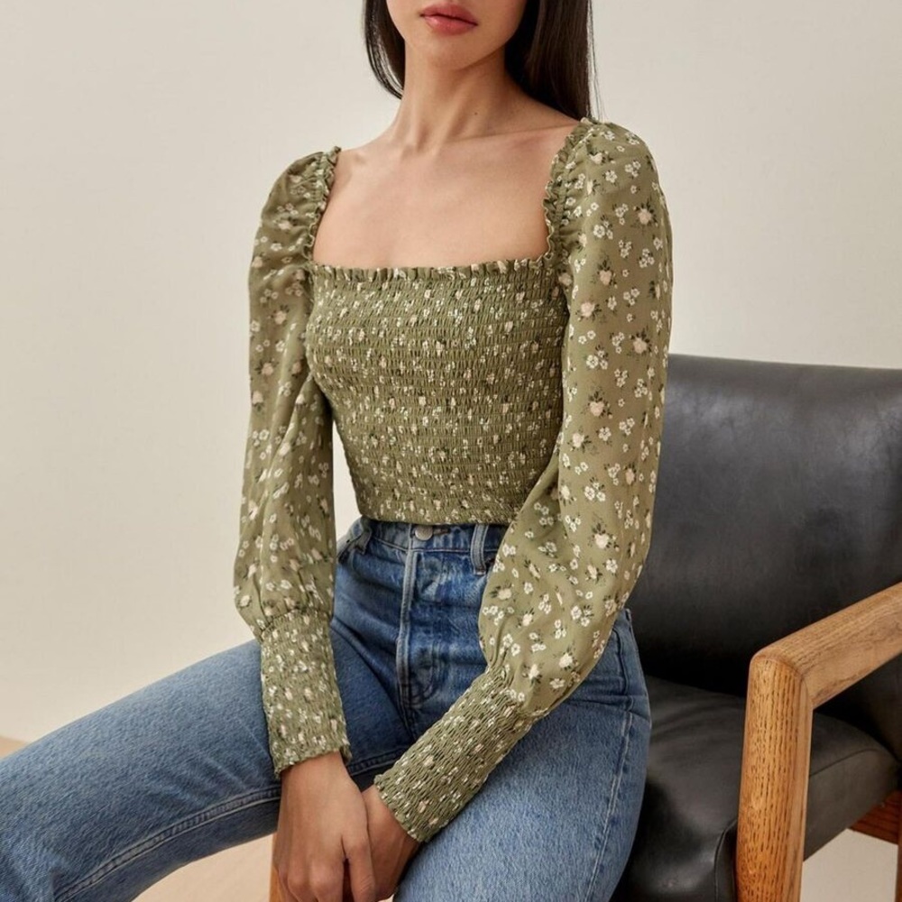 REFORMATION Pinto Top Terrace Green Floral Smocked Long Sleeve XS